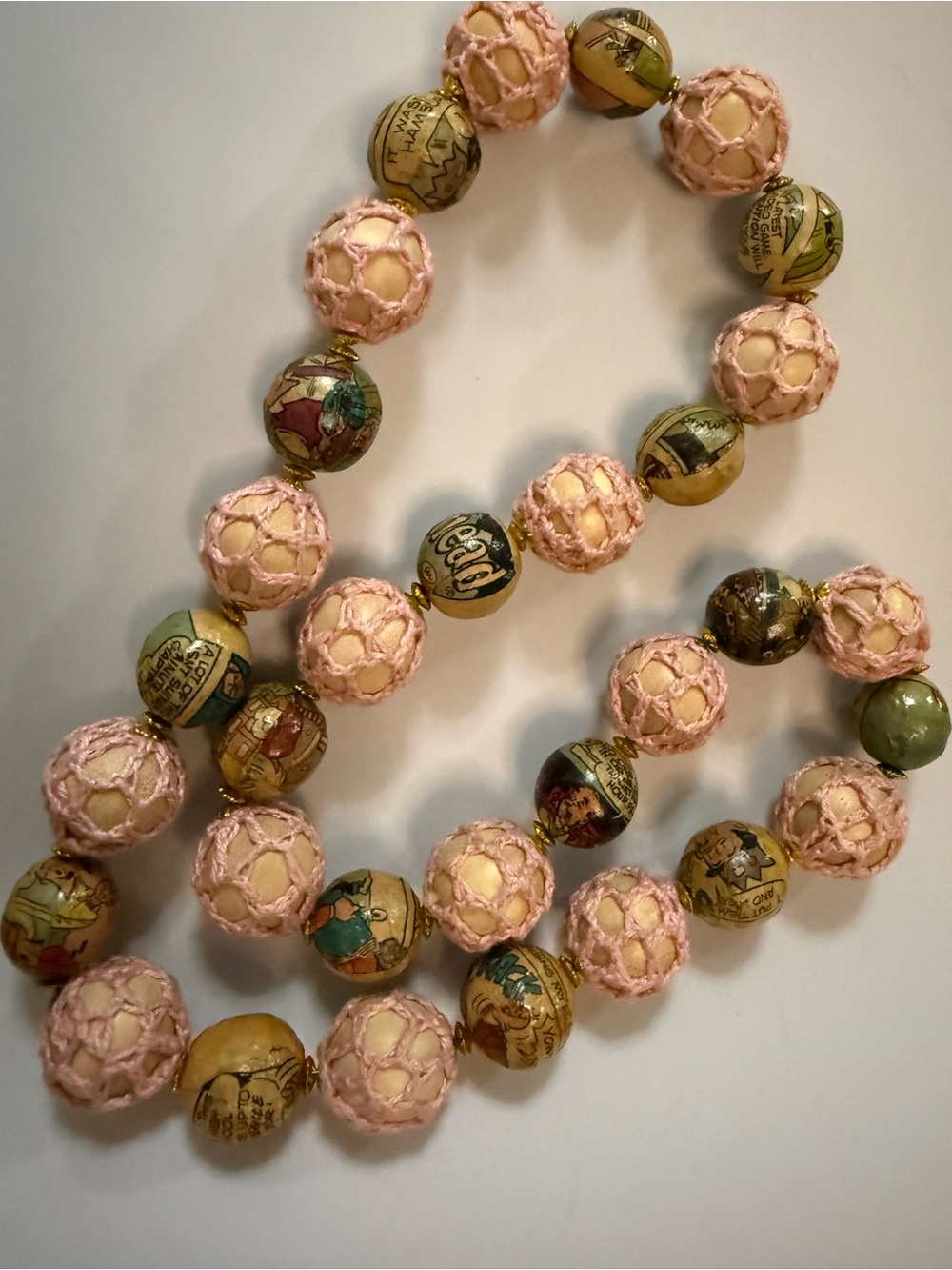 Art deco Handcrafted Pink Crochet & Vintage comics Beaded Necklace 30”